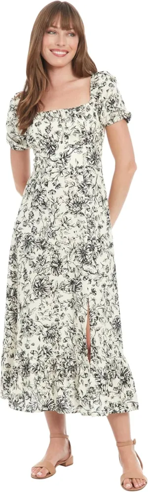 London Times Women's Square Neck Smocked Back Linen Blend Flattering Versatile Spring Summer Garden Party Dress