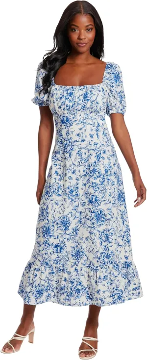 London Times Women's Square Neck Smocked Back Linen Blend Flattering Versatile Spring Summer Garden Party Dress