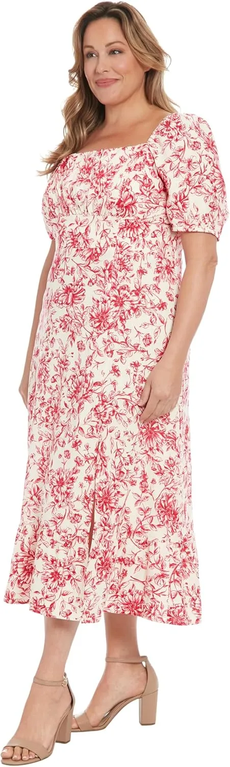London Times Women's Square Neck Smocked Back Linen Blend Flattering Versatile Spring Summer Garden Party Dress