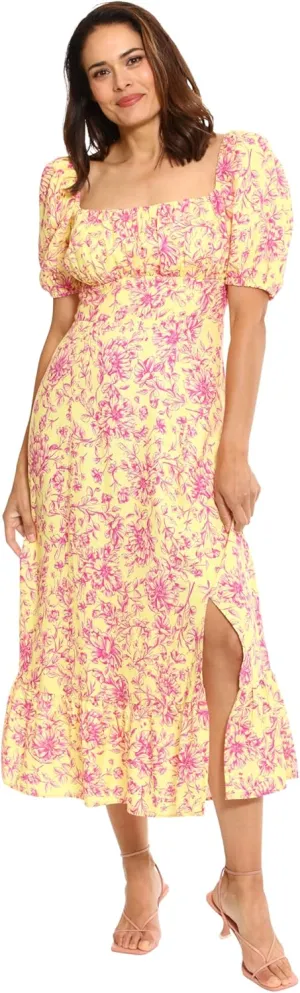 London Times Women's Square Neck Smocked Back Linen Blend Flattering Versatile Spring Summer Garden Party Dress