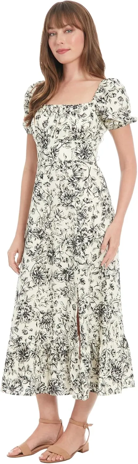 London Times Women's Square Neck Smocked Back Linen Blend Flattering Versatile Spring Summer Garden Party Dress