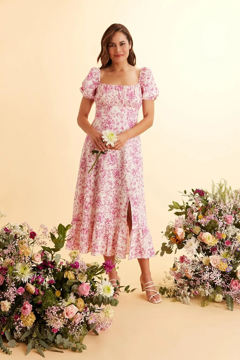 London Times Women's Square Neck Smocked Back Linen Blend Flattering Versatile Spring Summer Garden Party Dress