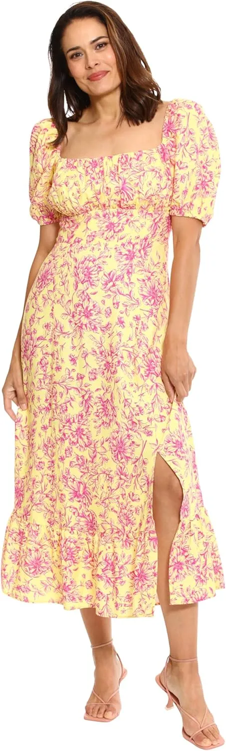 London Times Women's Square Neck Smocked Back Linen Blend Flattering Versatile Spring Summer Garden Party Dress