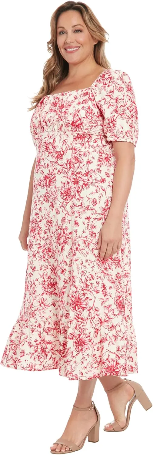 London Times Women's Square Neck Smocked Back Linen Blend Flattering Versatile Spring Summer Garden Party Dress