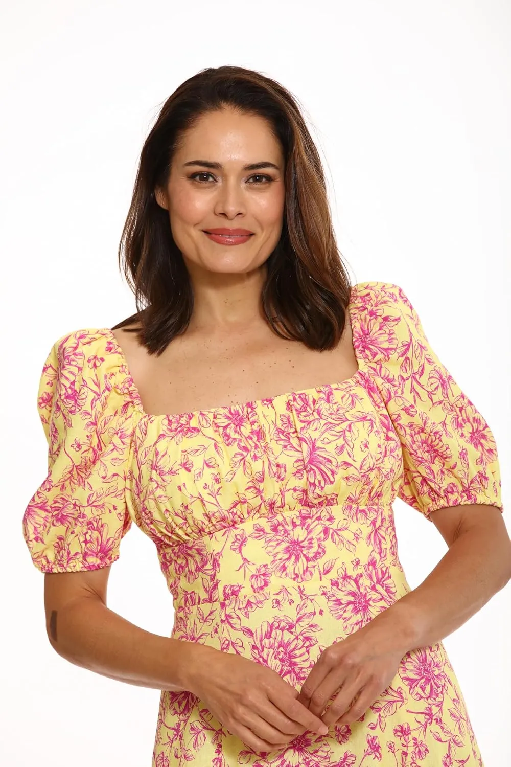 London Times Women's Square Neck Smocked Back Linen Blend Flattering Versatile Spring Summer Garden Party Dress