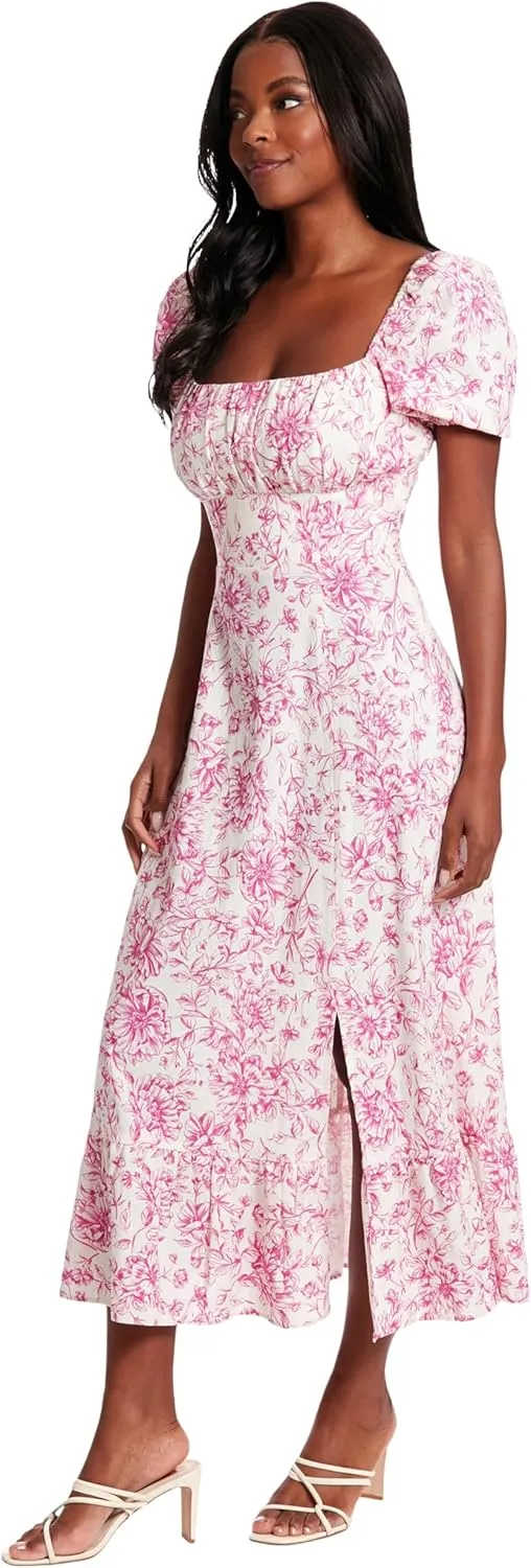 London Times Women's Square Neck Smocked Back Linen Blend Flattering Versatile Spring Summer Garden Party Dress