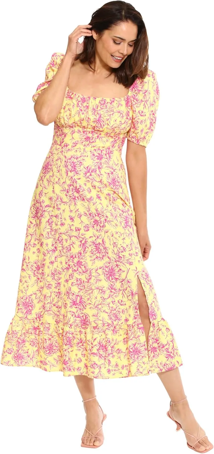 London Times Women's Square Neck Smocked Back Linen Blend Flattering Versatile Spring Summer Garden Party Dress