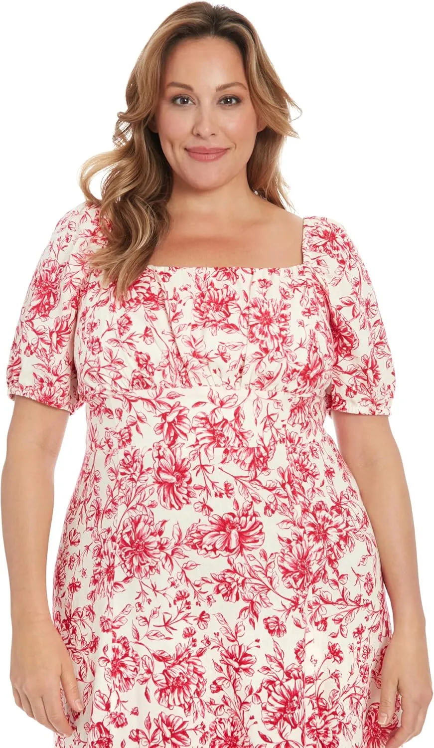 London Times Women's Square Neck Smocked Back Linen Blend Flattering Versatile Spring Summer Garden Party Dress
