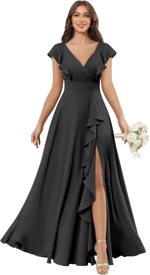 Long Chiffon Birdsmaid Dresses with Sleeves Floral Ruffle Formal Dress for Women with Slit