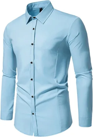 Long Sleeve T Shirt Men Casual Button Down Collared Dress Shirts Lightweight Slim Fit Wrinkle Free Business Shirt