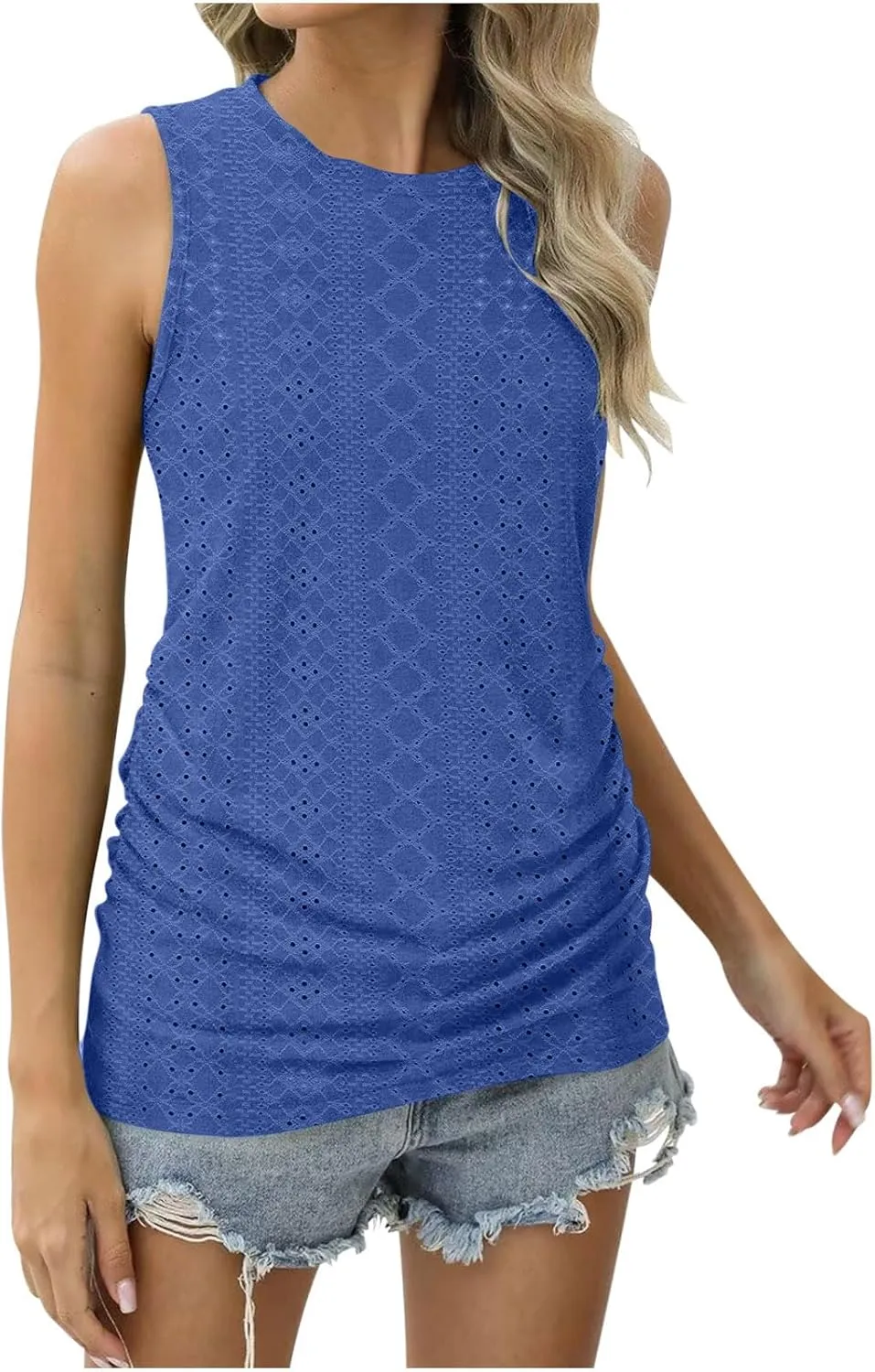 LRMQS Womens Tank Tops Loose Fit Summer 2024 Dressy Casual Eyelet Embroidery Trendy Sleeveless Shirts Beach Vacation Clothing