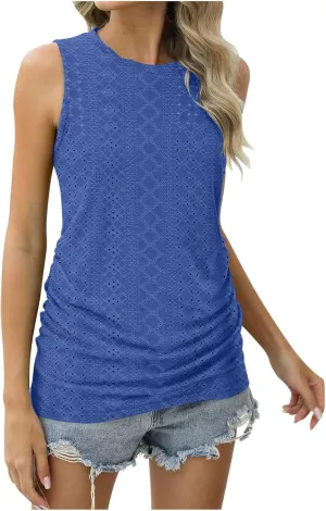LRMQS Womens Tank Tops Loose Fit Summer 2024 Dressy Casual Eyelet Embroidery Trendy Sleeveless Shirts Beach Vacation Clothing
