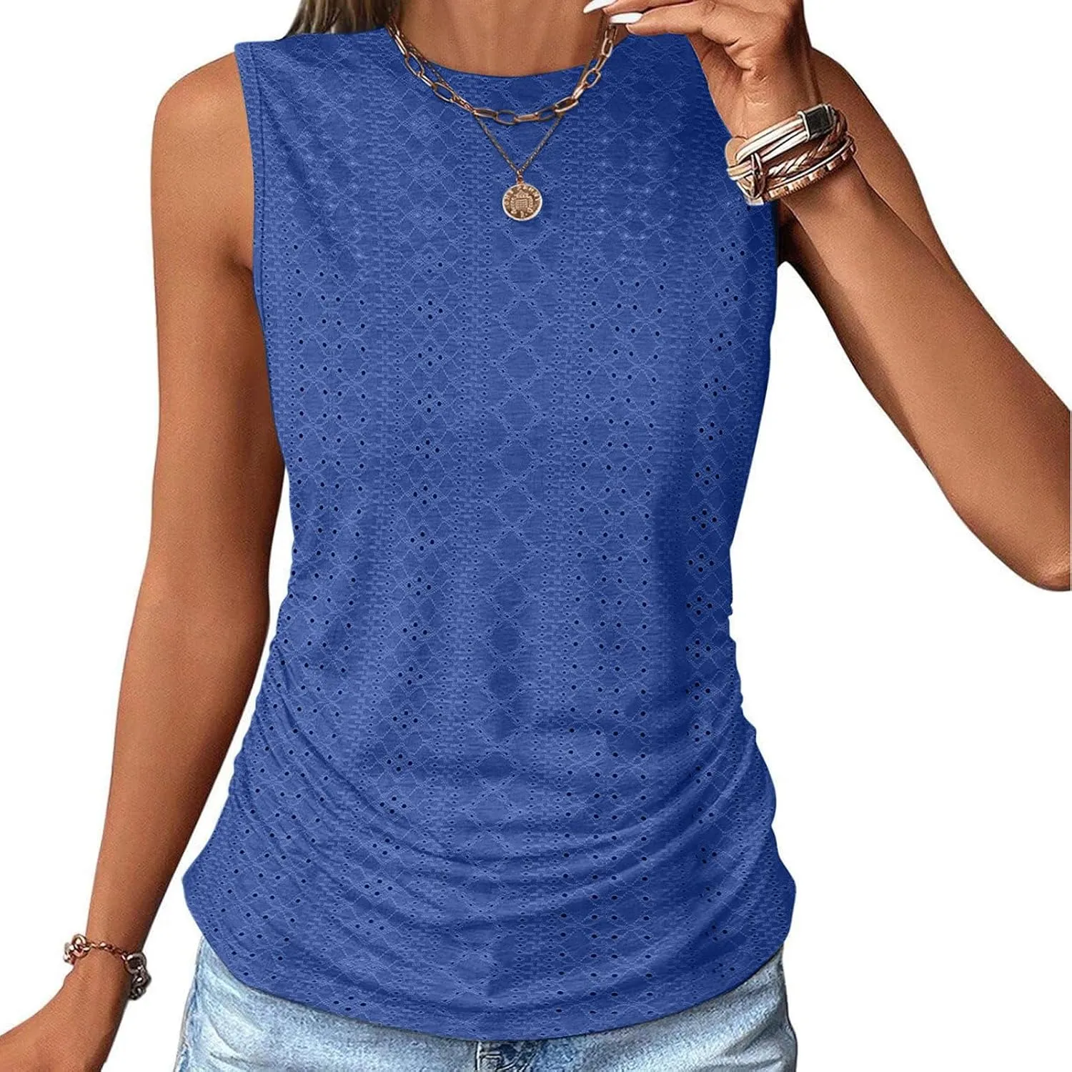 LRMQS Womens Tank Tops Loose Fit Summer 2024 Dressy Casual Eyelet Embroidery Trendy Sleeveless Shirts Beach Vacation Clothing
