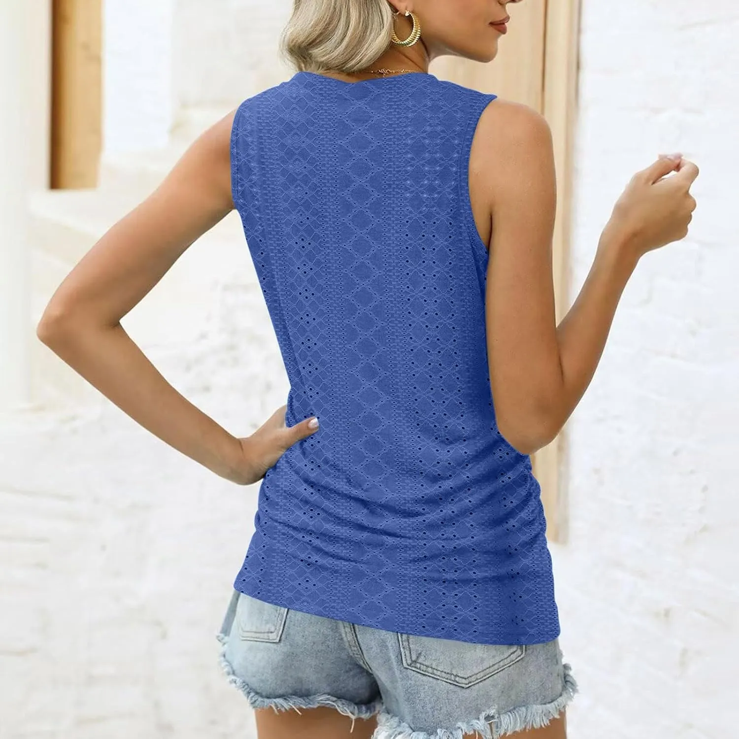 LRMQS Womens Tank Tops Loose Fit Summer 2024 Dressy Casual Eyelet Embroidery Trendy Sleeveless Shirts Beach Vacation Clothing