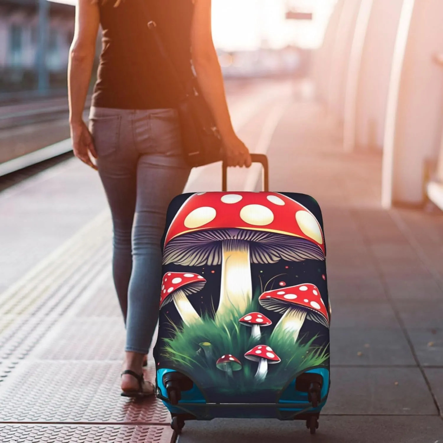 Magic Mushrooms Print Practical Elastic Washable Travel Luggage Cover with Concealed Zipper for Suitcases