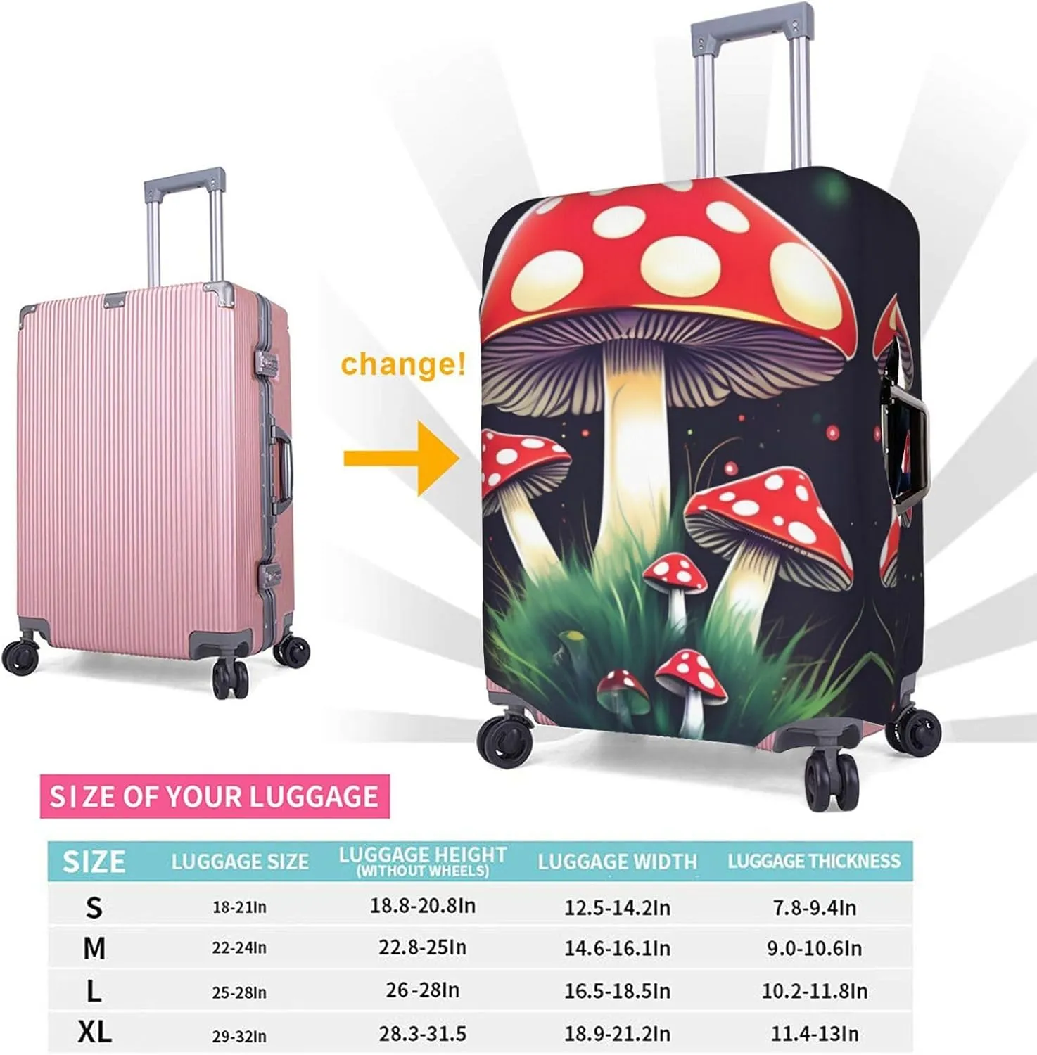 Magic Mushrooms Print Practical Elastic Washable Travel Luggage Cover with Concealed Zipper for Suitcases