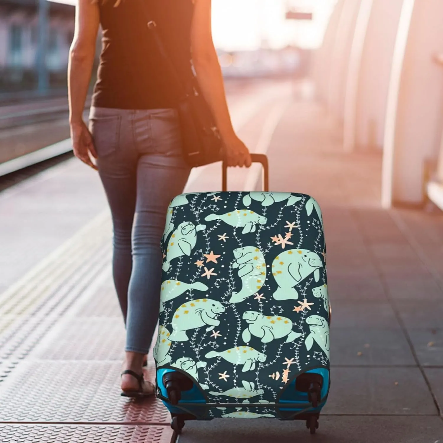 Manatee Animals Calf Print Practical Elastic Washable Travel Luggage Cover with Concealed Zipper for Suitcases