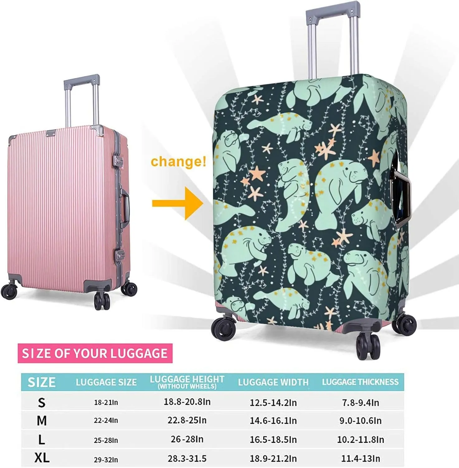 Manatee Animals Calf Print Practical Elastic Washable Travel Luggage Cover with Concealed Zipper for Suitcases