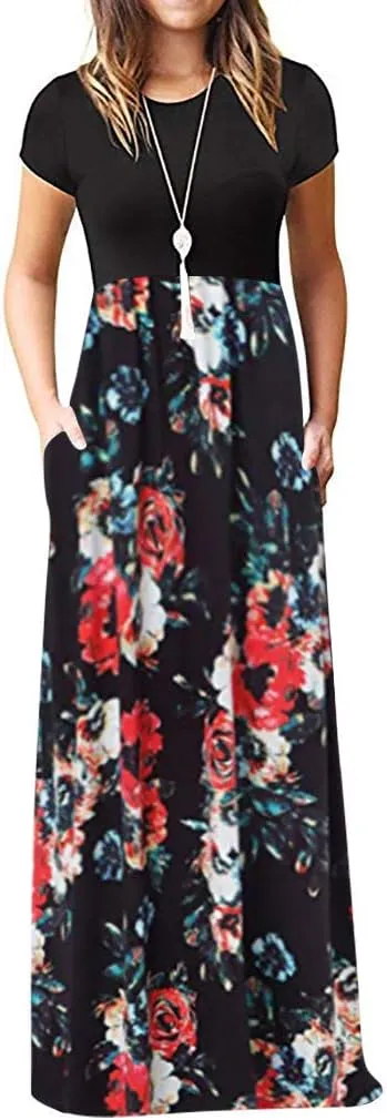 Maxi Dress for Women Plus Size Short Sleeve Loose Plain Casual Long Maxi Dresses Floral Empire Waist Dress with Pockets