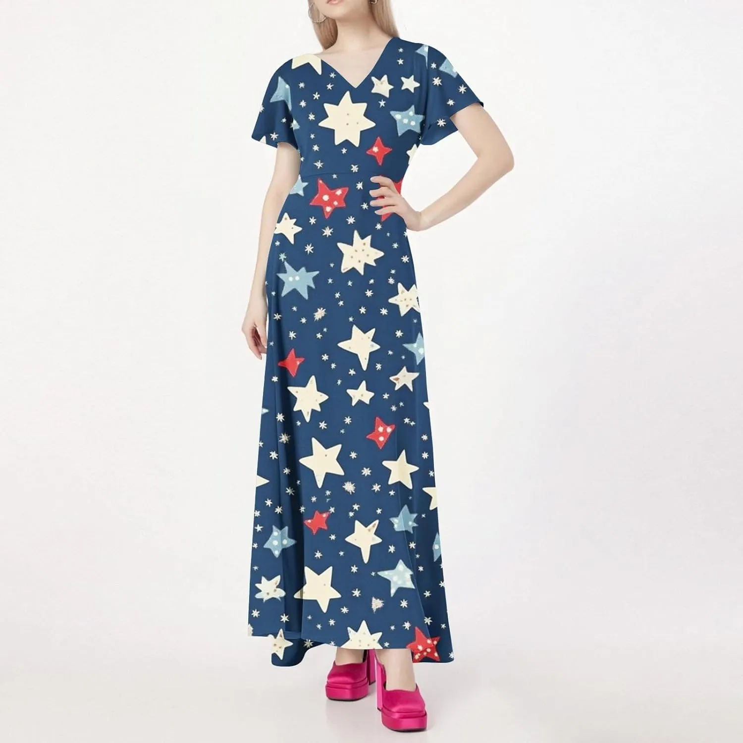 Maxi Dresses for Womem 2025 Casual Summer Short Sleeve 4th of July Dress Flowy Patriotic American Flag Dresses
