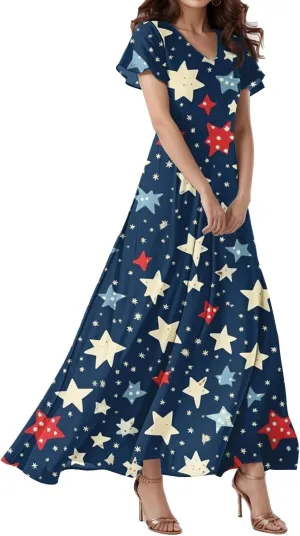 Maxi Dresses for Womem 2025 Casual Summer Short Sleeve 4th of July Dress Flowy Patriotic American Flag Dresses