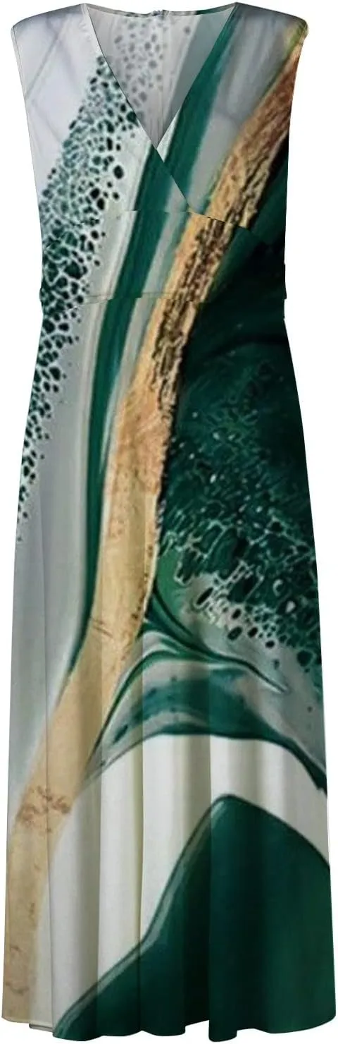 Maxi Dresses for Women 2024 Elegant Wrap V Neck Sleeveless Summer Dress Trendy Floral Print Flowy Beach Dress