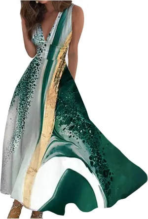 Maxi Dresses for Women 2024 Elegant Wrap V Neck Sleeveless Summer Dress Trendy Floral Print Flowy Beach Dress