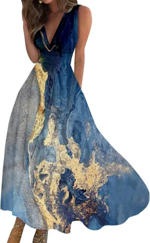 Maxi Dresses for Women 2024 Elegant Wrap V Neck Sleeveless Summer Dress Trendy Floral Print Flowy Beach Dress