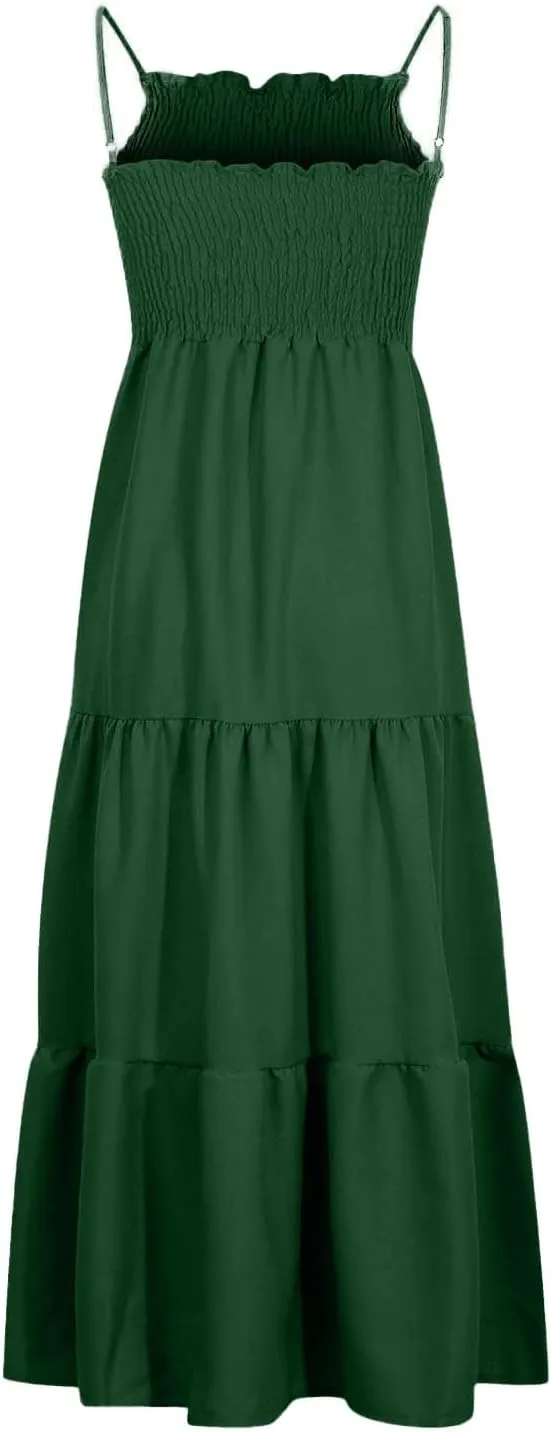 Maxi Dresses for Women 2025 Sleeveless Smocked Long Spaghetti Strap Dress Flowy Ruffle Tiered Boho Beach Sundress