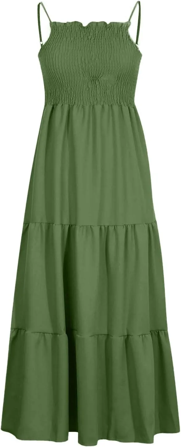 Maxi Dresses for Women 2025 Sleeveless Smocked Long Spaghetti Strap Dress Flowy Ruffle Tiered Boho Beach Sundress
