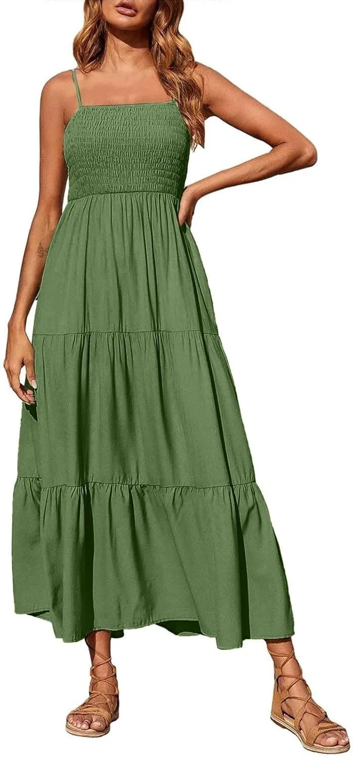 Maxi Dresses for Women 2025 Sleeveless Smocked Long Spaghetti Strap Dress Flowy Ruffle Tiered Boho Beach Sundress