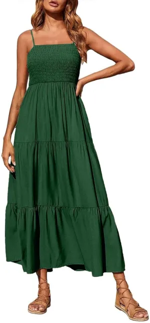 Maxi Dresses for Women 2025 Sleeveless Smocked Long Spaghetti Strap Dress Flowy Ruffle Tiered Boho Beach Sundress