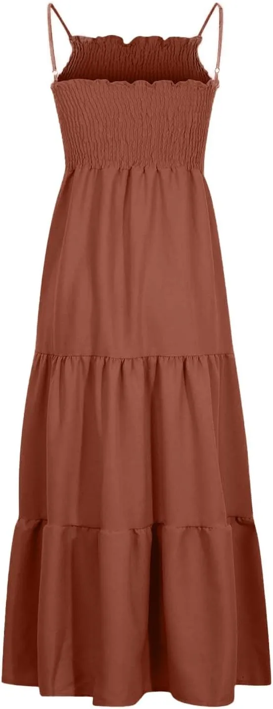 Maxi Dresses for Women 2025 Sleeveless Smocked Long Spaghetti Strap Dress Flowy Ruffle Tiered Boho Beach Sundress