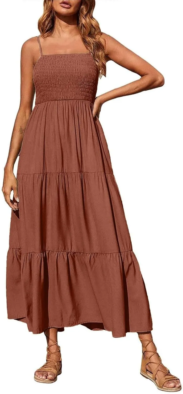 Maxi Dresses for Women 2025 Sleeveless Smocked Long Spaghetti Strap Dress Flowy Ruffle Tiered Boho Beach Sundress