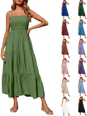 Maxi Dresses for Women 2025 Sleeveless Smocked Long Spaghetti Strap Dress Flowy Ruffle Tiered Boho Beach Sundress