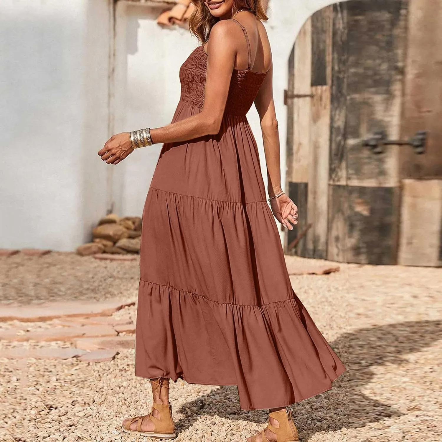 Maxi Dresses for Women 2025 Sleeveless Smocked Long Spaghetti Strap Dress Flowy Ruffle Tiered Boho Beach Sundress