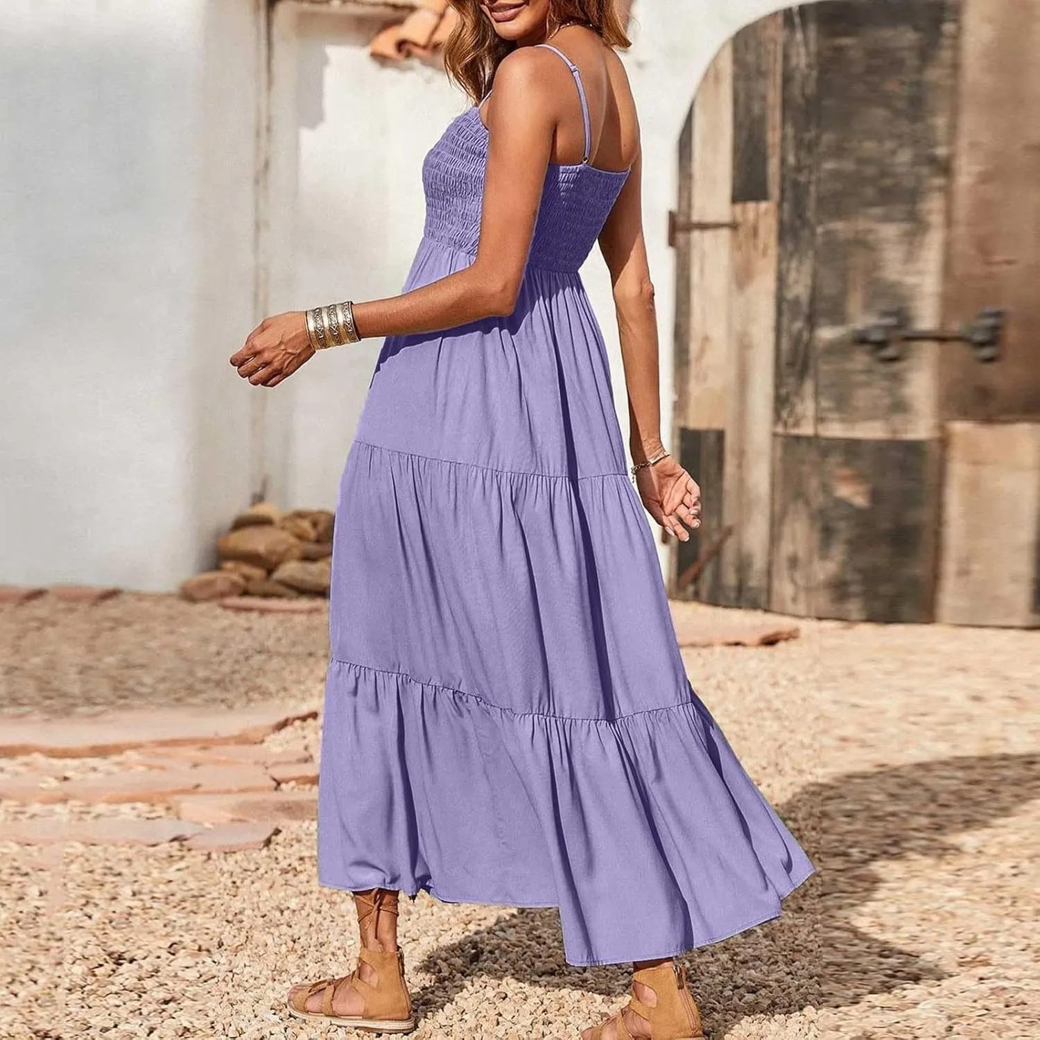 Maxi Dresses for Women 2025 Sleeveless Smocked Long Spaghetti Strap Dress Flowy Ruffle Tiered Boho Beach Sundress