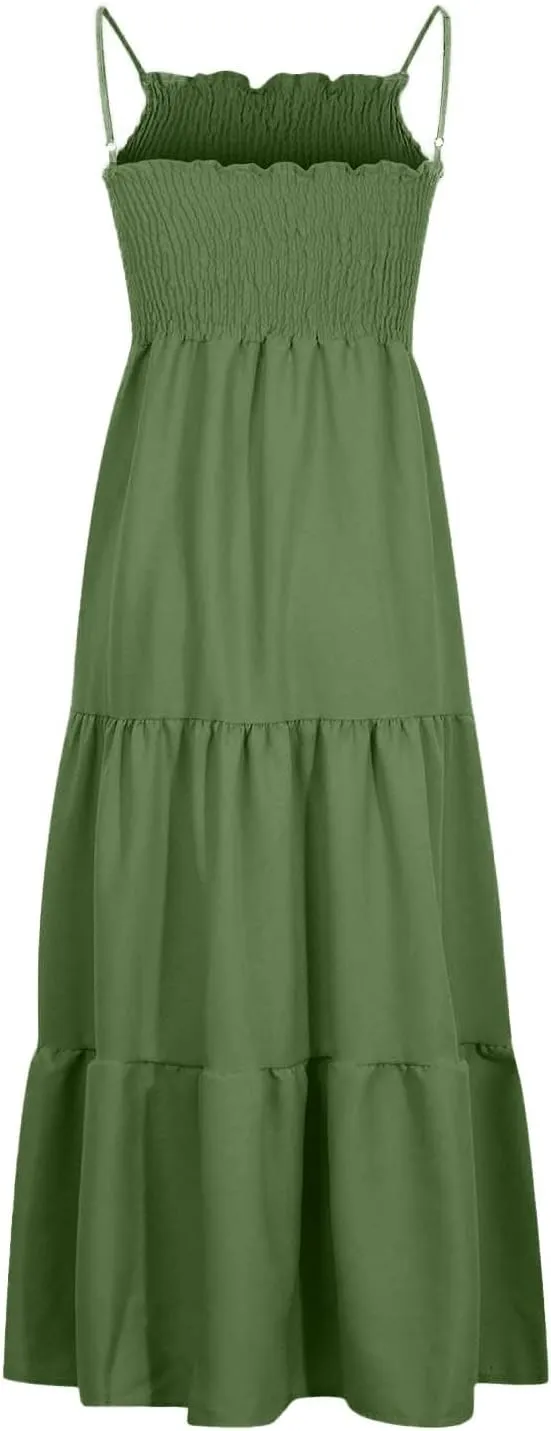 Maxi Dresses for Women 2025 Sleeveless Smocked Long Spaghetti Strap Dress Flowy Ruffle Tiered Boho Beach Sundress