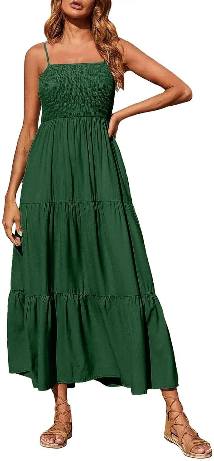 Maxi Dresses for Women 2025 Sleeveless Smocked Long Spaghetti Strap Dress Flowy Ruffle Tiered Boho Beach Sundress