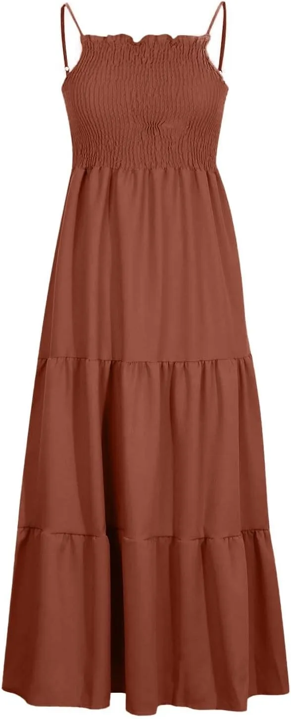 Maxi Dresses for Women 2025 Sleeveless Smocked Long Spaghetti Strap Dress Flowy Ruffle Tiered Boho Beach Sundress