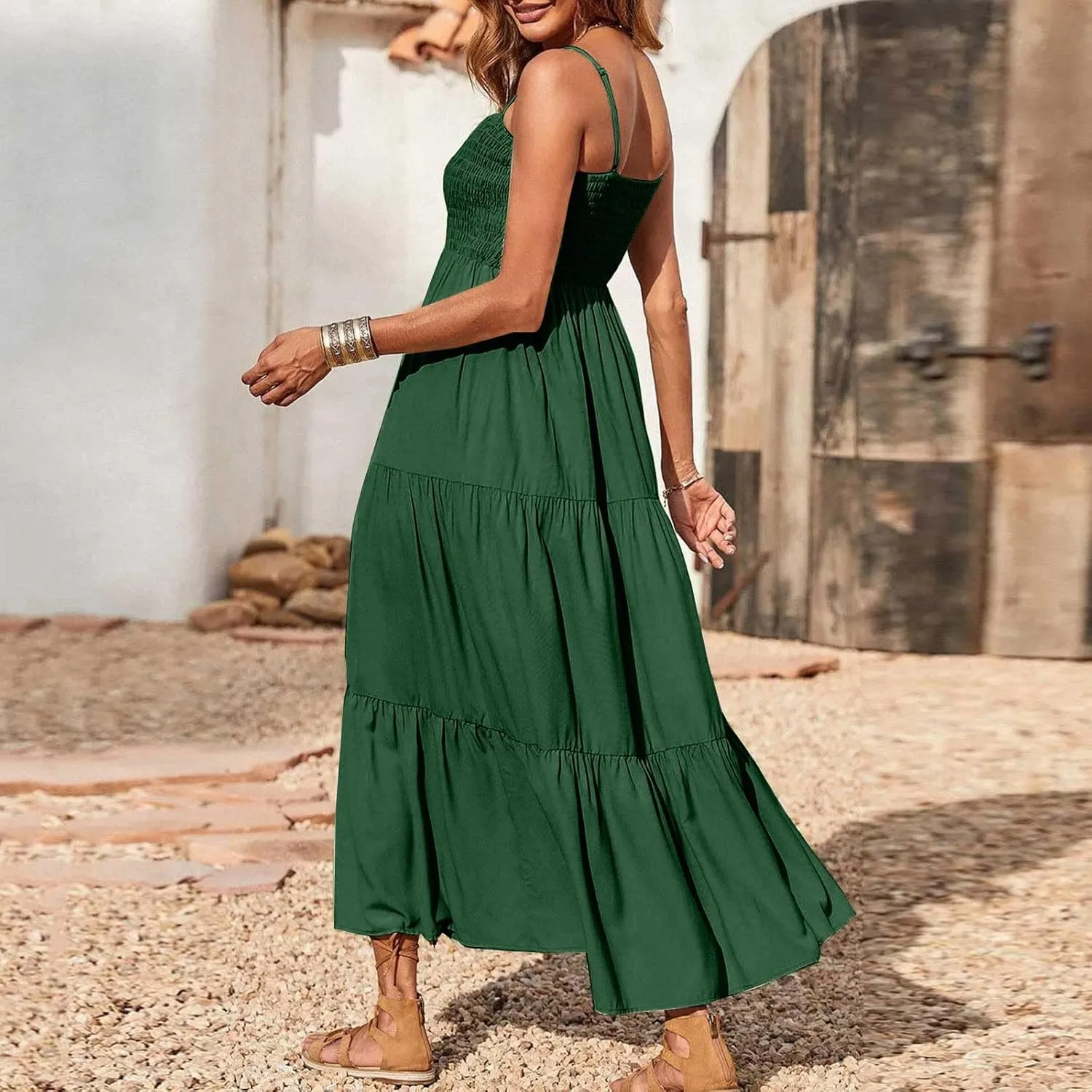 Maxi Dresses for Women 2025 Sleeveless Smocked Long Spaghetti Strap Dress Flowy Ruffle Tiered Boho Beach Sundress