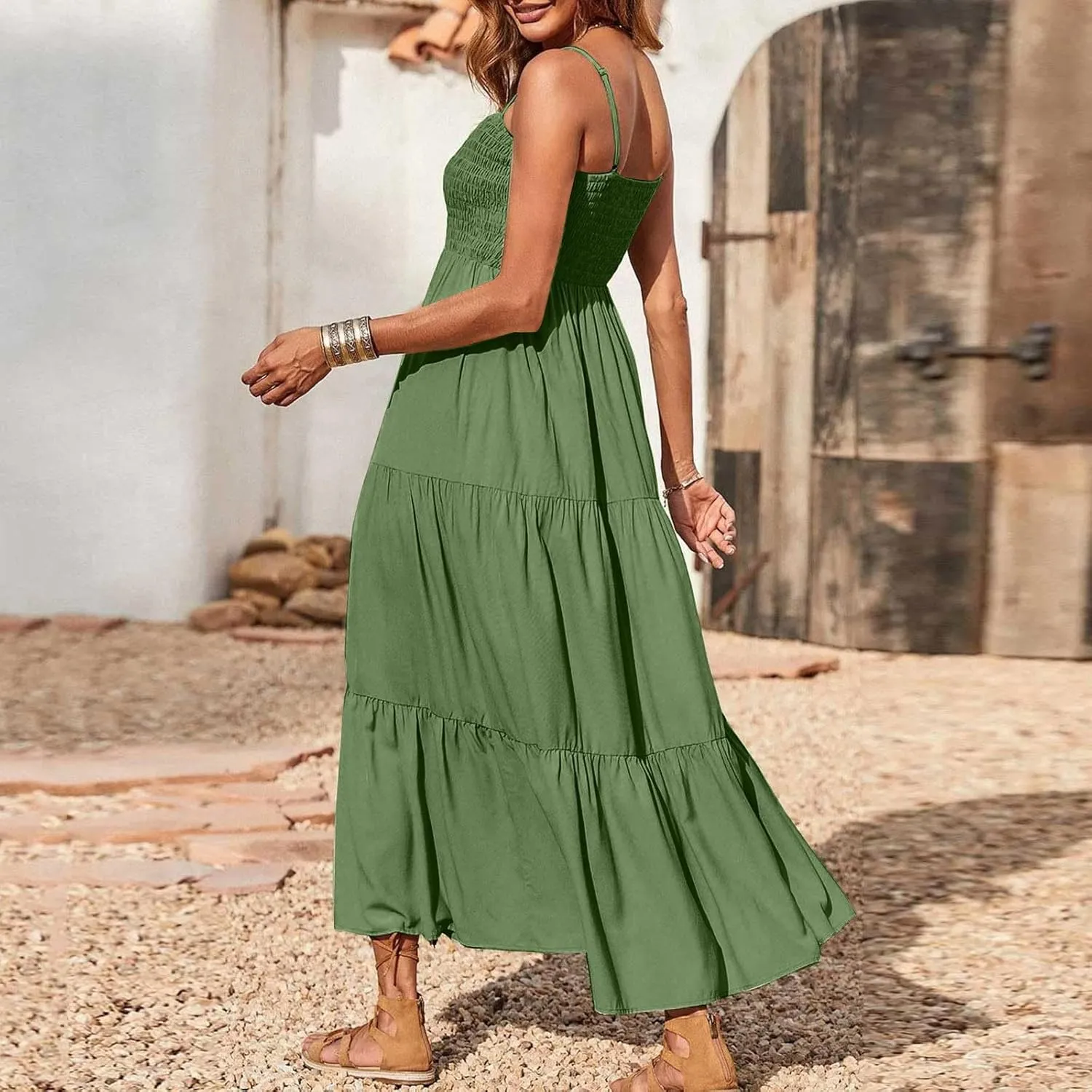 Maxi Dresses for Women 2025 Sleeveless Smocked Long Spaghetti Strap Dress Flowy Ruffle Tiered Boho Beach Sundress