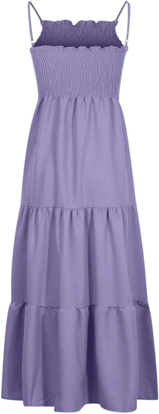 Maxi Dresses for Women 2025 Sleeveless Smocked Long Spaghetti Strap Dress Flowy Ruffle Tiered Boho Beach Sundress