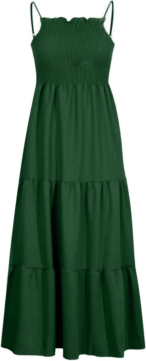 Maxi Dresses for Women 2025 Sleeveless Smocked Long Spaghetti Strap Dress Flowy Ruffle Tiered Boho Beach Sundress