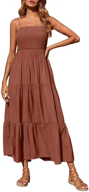 Maxi Dresses for Women 2025 Sleeveless Smocked Long Spaghetti Strap Dress Flowy Ruffle Tiered Boho Beach Sundress