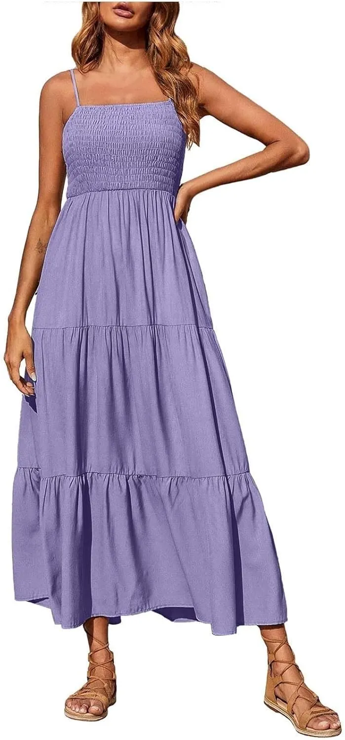 Maxi Dresses for Women 2025 Sleeveless Smocked Long Spaghetti Strap Dress Flowy Ruffle Tiered Boho Beach Sundress