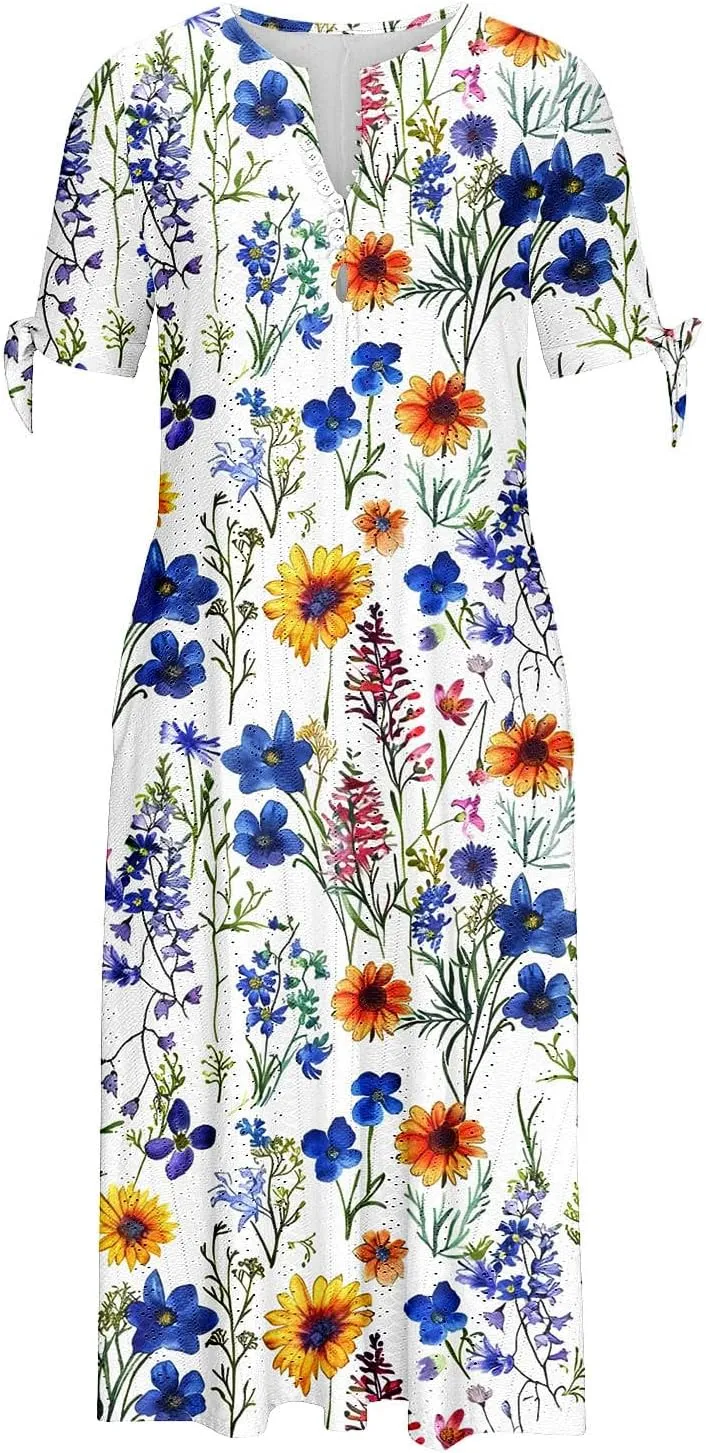 Maxi Dresses for Women 2025 Trendy Short Sleeve Eyelet Dress v Neck Floral Printed Dresses Summer Beach Dress