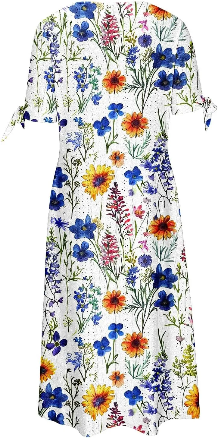 Maxi Dresses for Women 2025 Trendy Short Sleeve Eyelet Dress v Neck Floral Printed Dresses Summer Beach Dress