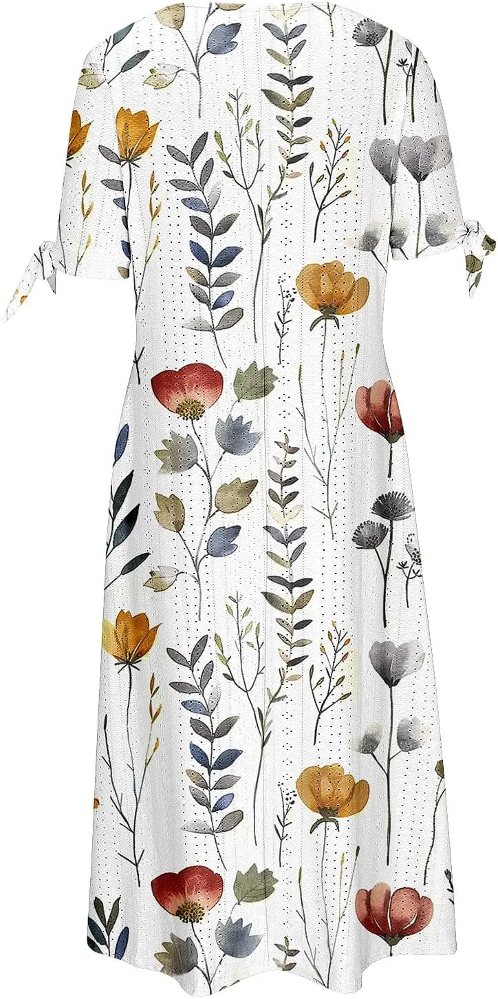 Maxi Dresses for Women 2025 Trendy Short Sleeve Eyelet Dress v Neck Floral Printed Dresses Summer Beach Dress
