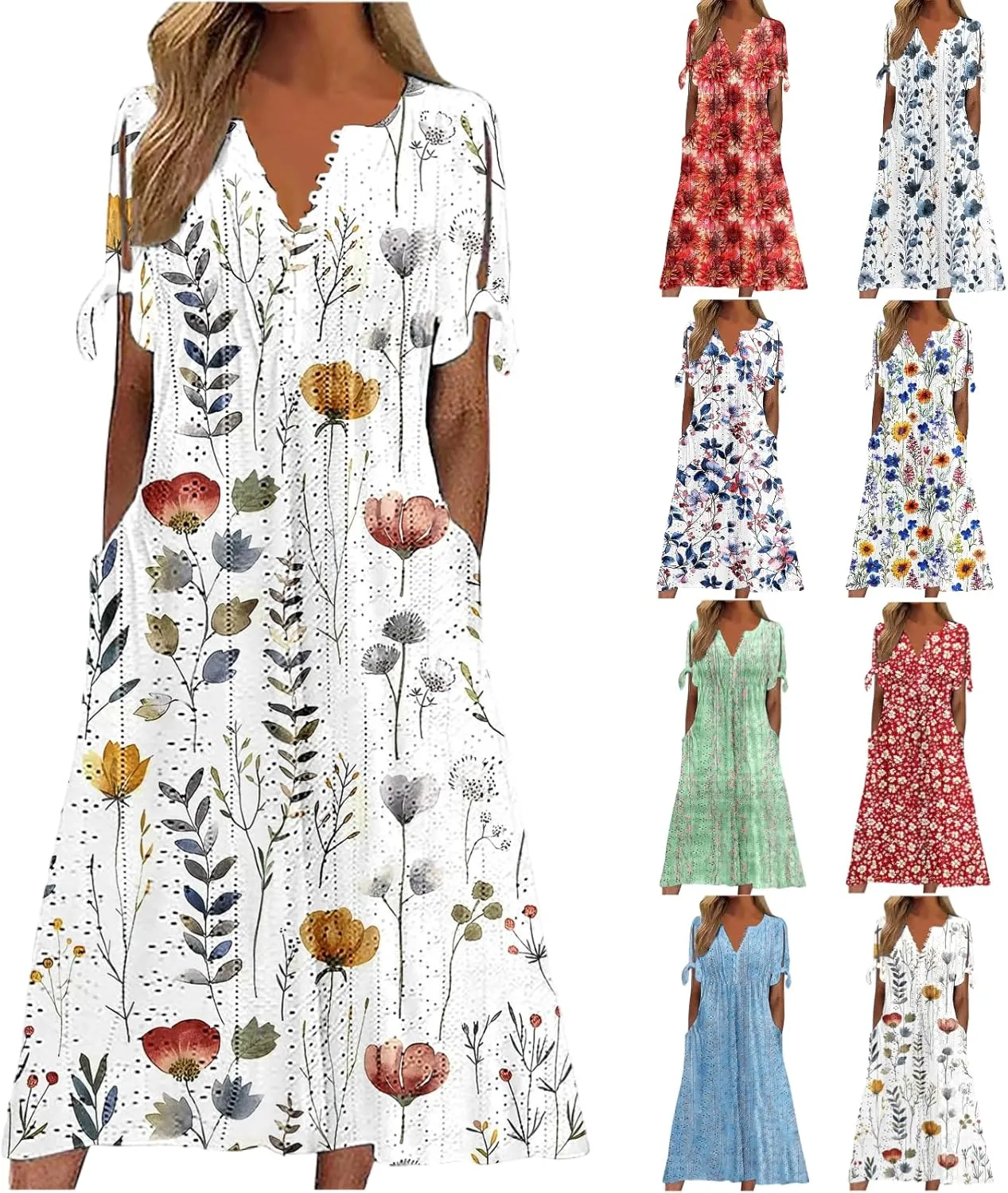 Maxi Dresses for Women 2025 Trendy Short Sleeve Eyelet Dress v Neck Floral Printed Dresses Summer Beach Dress